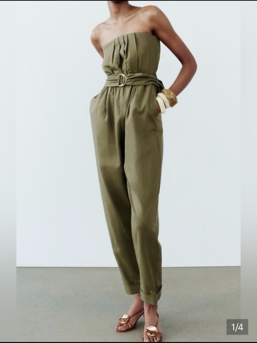 Zara Olive Strapless Belted Jumpsuit